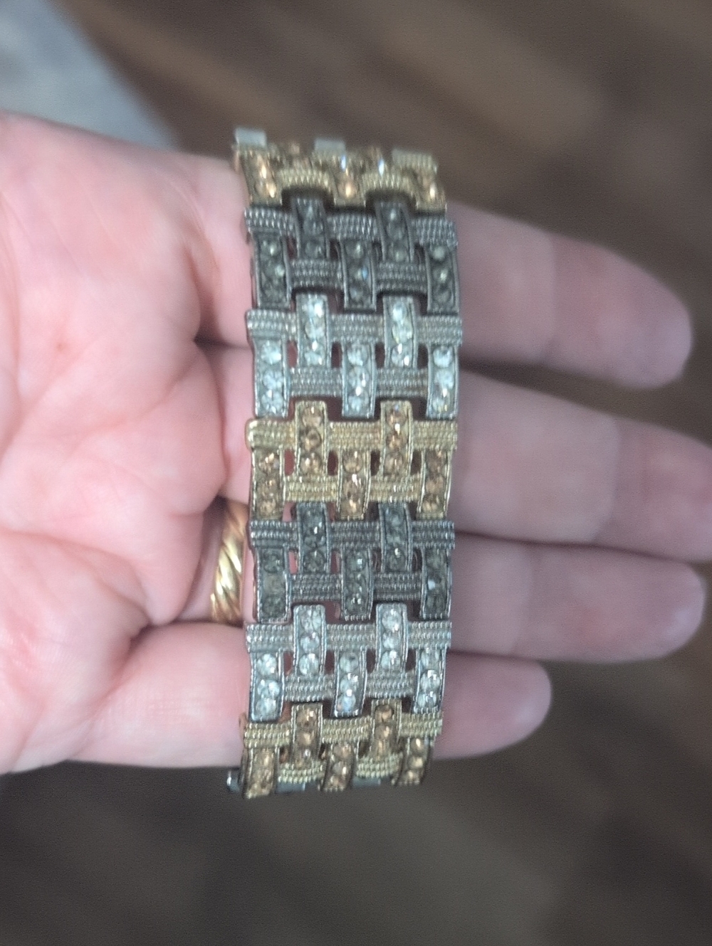 Tri-Tone Pave Link Stretch Bracelet - Gold, Silver, Black